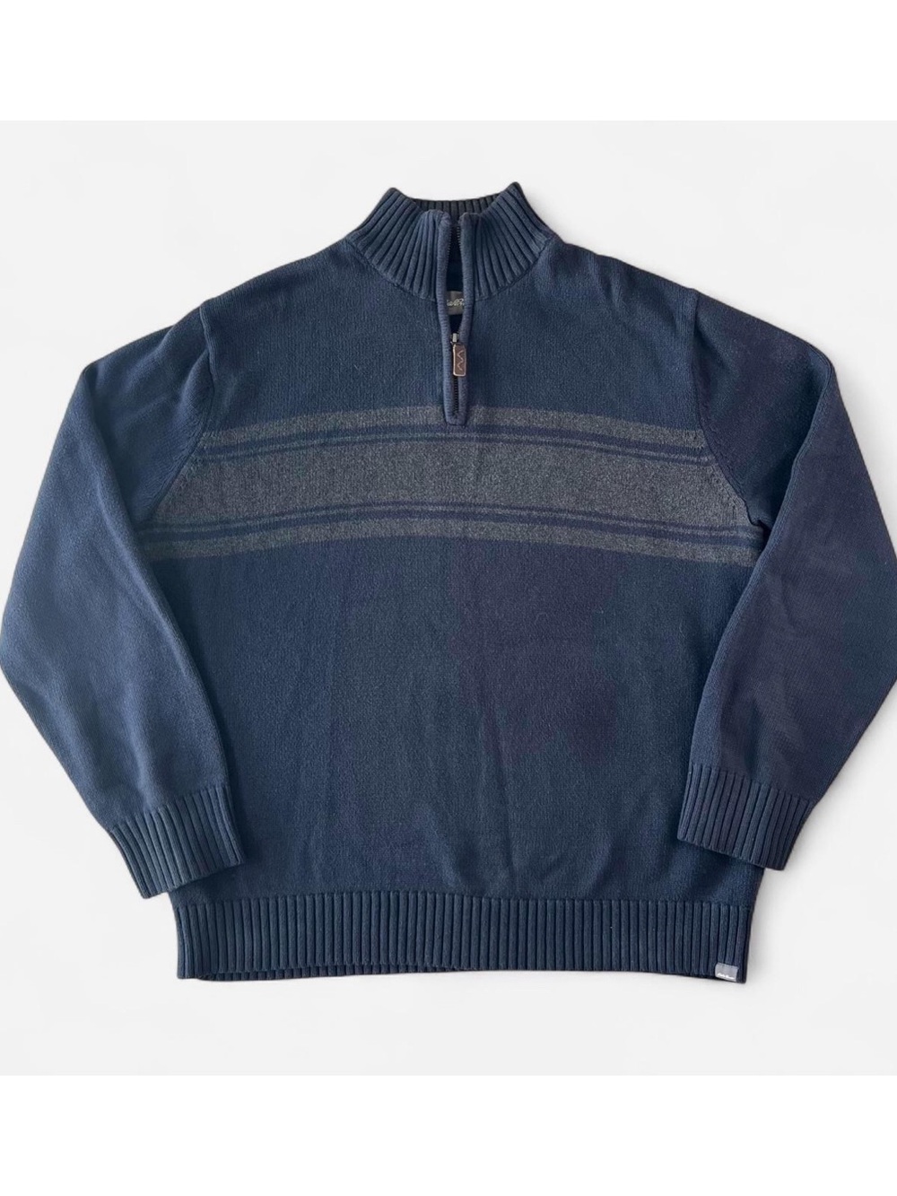 Eddie Bauer Blue Gray Striped Knit 1/4 Zip Mock Neck Sweater Grandpa Men’s Large